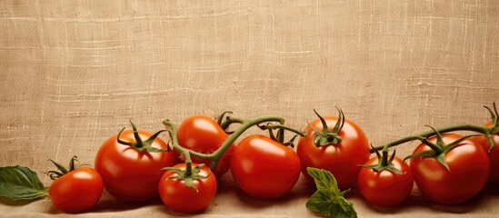 Copy space image of tomatoes on a burlap branch ready for your own text