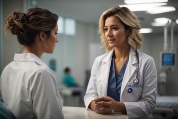 Fototapeta premium Doctor and female patient talking and health consultation in hospital