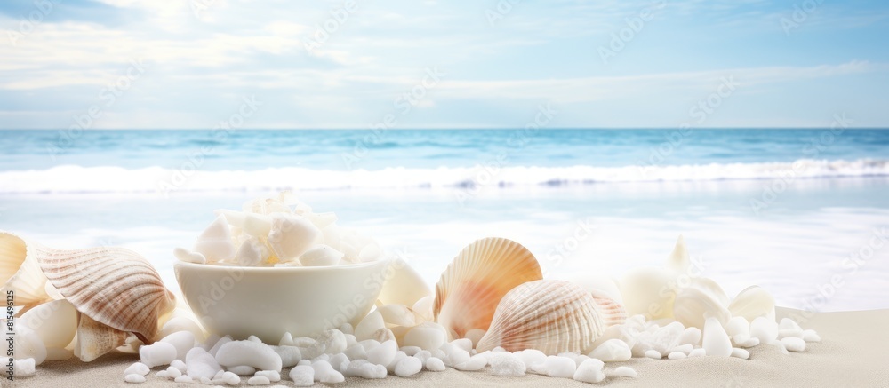 Poster copy space image of a spa setup featuring shells and sea salt crystals perfect for toning and relaxa