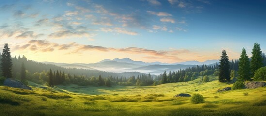 Fototapeta premium A dreamlike landscape with a panoramic view showing a majestic evergreen pine forest and green meadow surrounded by a soft golden sunlight and a clear sky The pure nature environmental conservation a