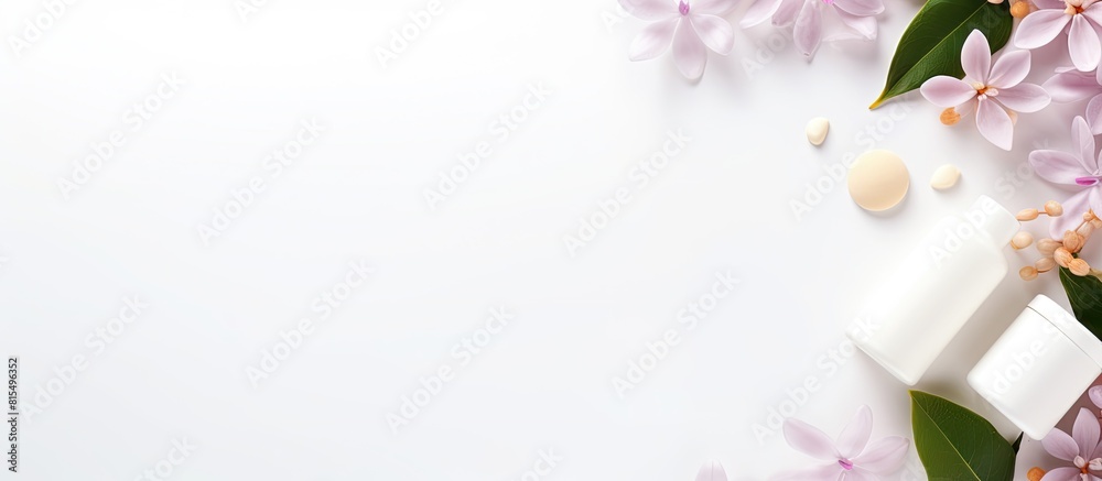 Poster White paper background with spa cosmetic products arranged in a flat lay style Ideal for creating copy space image