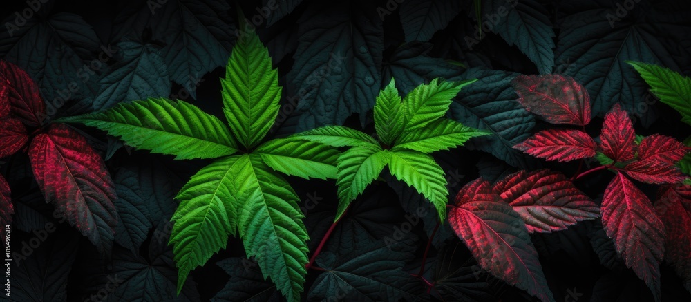 Aufkleber green leaves with red veins depicting the onset of autumn set against a black patterned backdrop cre