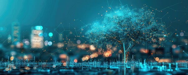 Fototapeta premium A solitary tree glowing with digital light stands out against a background of a high-tech city at night, symbolizing coexistence of nature and technology.