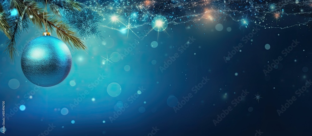 Poster A festive Christmas greeting card featuring a vibrant blue background adorned with a bauble pine cones and twinkling fairy lights allowing for ample space for text or other images