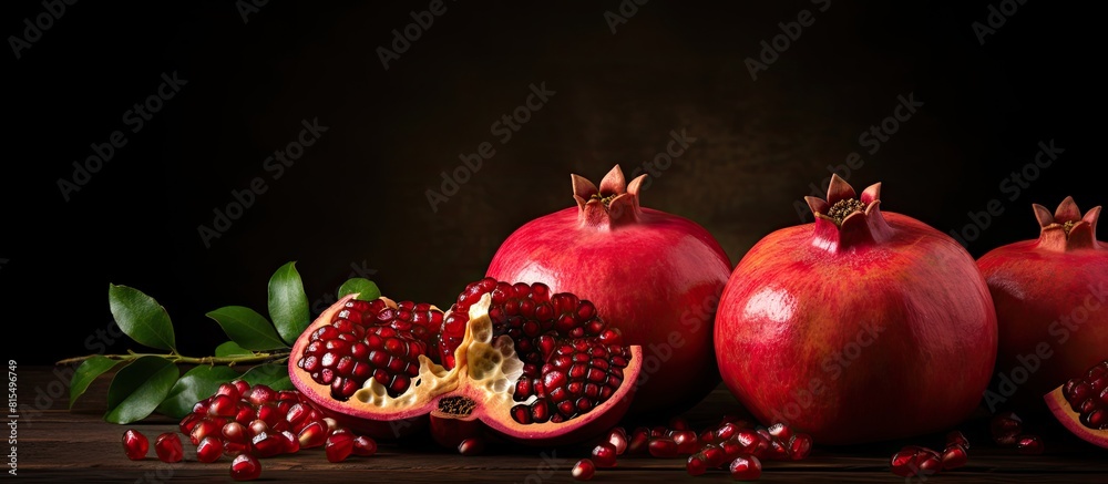 Poster copy space image of a garnet fruit punica granatum with whole pomegranates in the background isolate