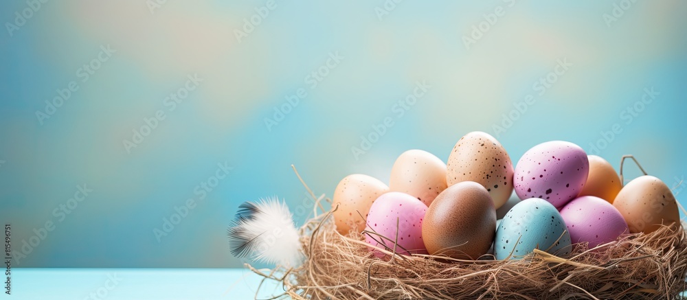 Poster colorful easter eggs displayed in a nest on a pastel background providing ample space for copy or ad