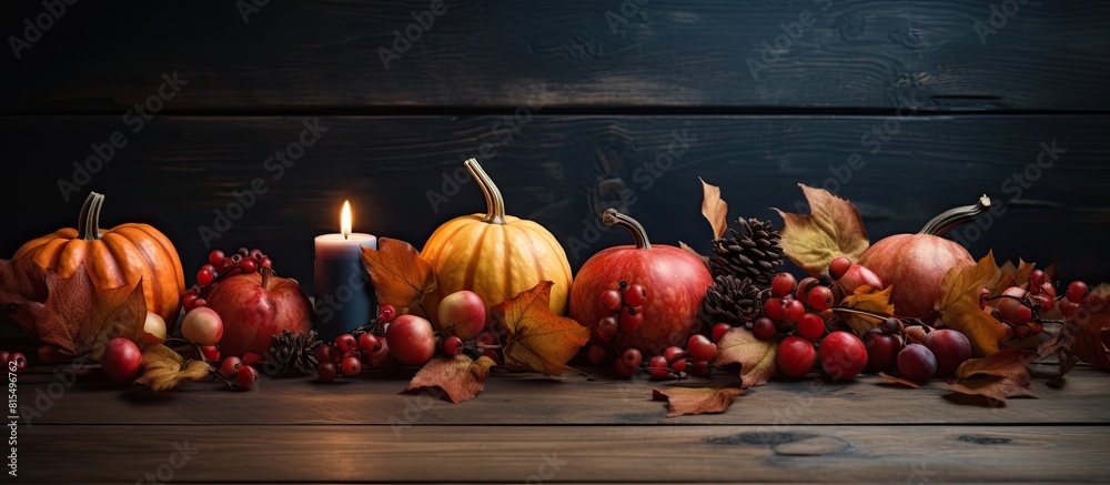 Poster a horizontal copy space image depicts a table decoration concept for autumn featuring a dark backgro