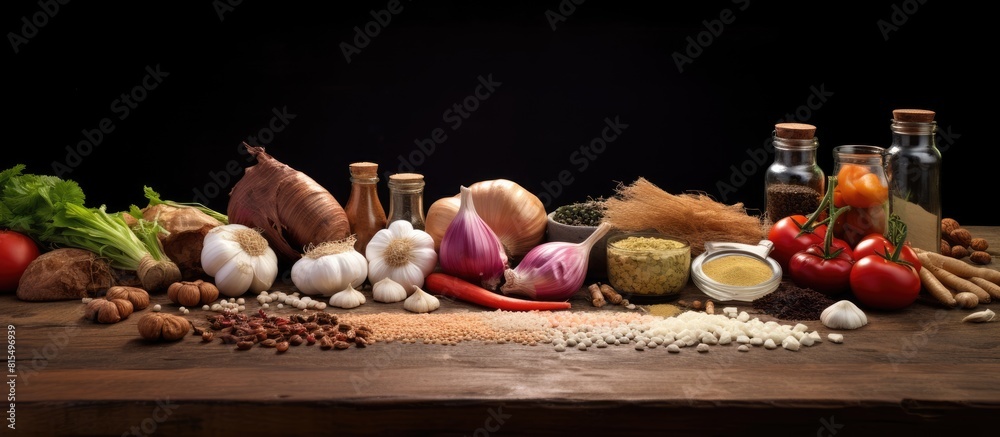 Poster A close up shot of food ingredients on an oak table creating a visually appealing copy space image