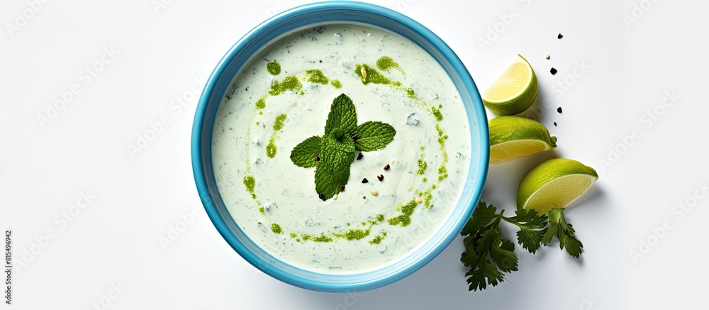 Poster traditional turkish yogurt soup with green sauce in a blue bowl placed on a white background represe