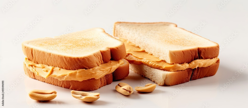 Poster copy space image of peanut butter sandwiches or toasts on a light table background representing a br