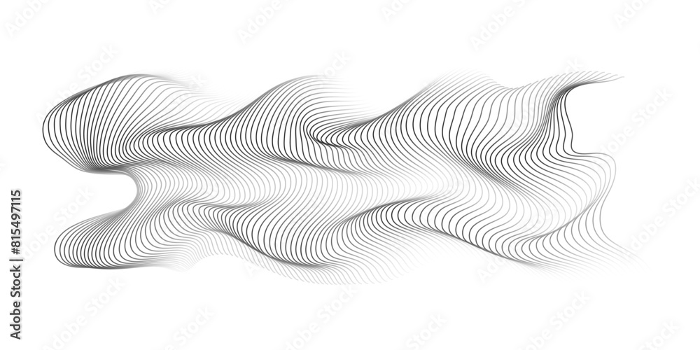 Poster Flowing wave lines pattern 3D curve halftone black gradient curve shape isolated on transparent background. Vector in concept of technology, science, music, modern.