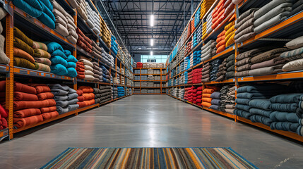 Stacks of household textile goods for sale in a store warehouse.