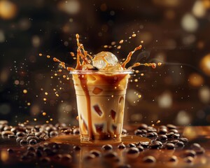 ice coffee in transparent cup, caramel iced latte, amazing coffee mixing with the milk liquid, coffee beans everywhere in the background