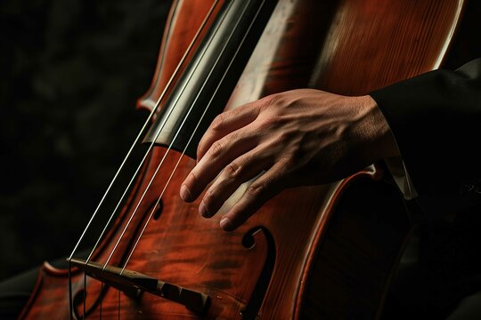 Octobass player, close up view on hand