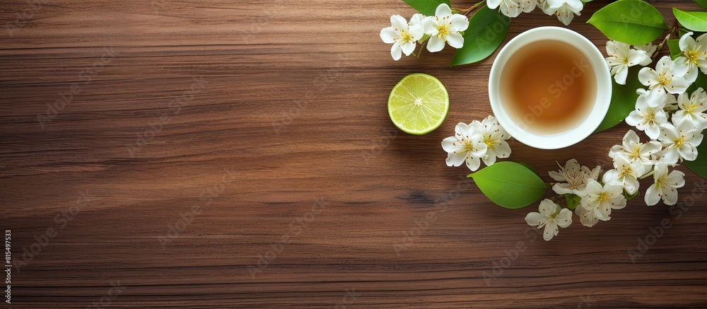Aufkleber a cup of lime tree tea with blossoms on a wooden surface is shown in the copy space image