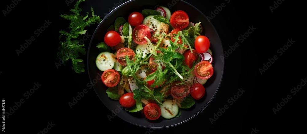 Poster top view of a healthy green salad with tomato and fresh vegetables presented in a white bowl placed 