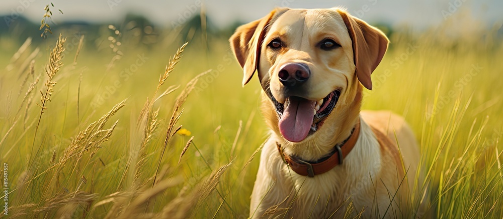 Poster a cheerful yellow dudley labrador retriever dog poses for a portrait in front of a textured concrete