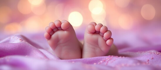 Close up copy space image of a newborn baby s adorable toes foot and leg resting on a soft violet and pink blanket with a blurred bokeh background The photograph captures the magical and tender essen
