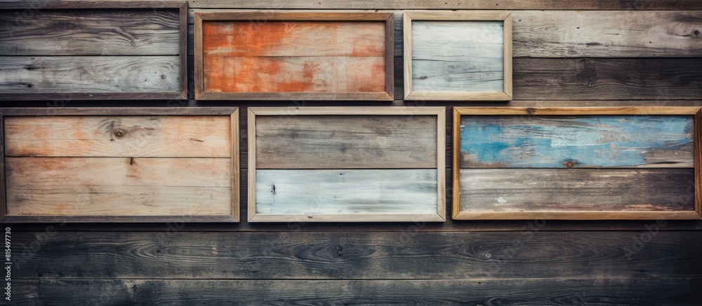 Poster vintage wood background with square blank photo frames arranged in a flat lay composition for captur