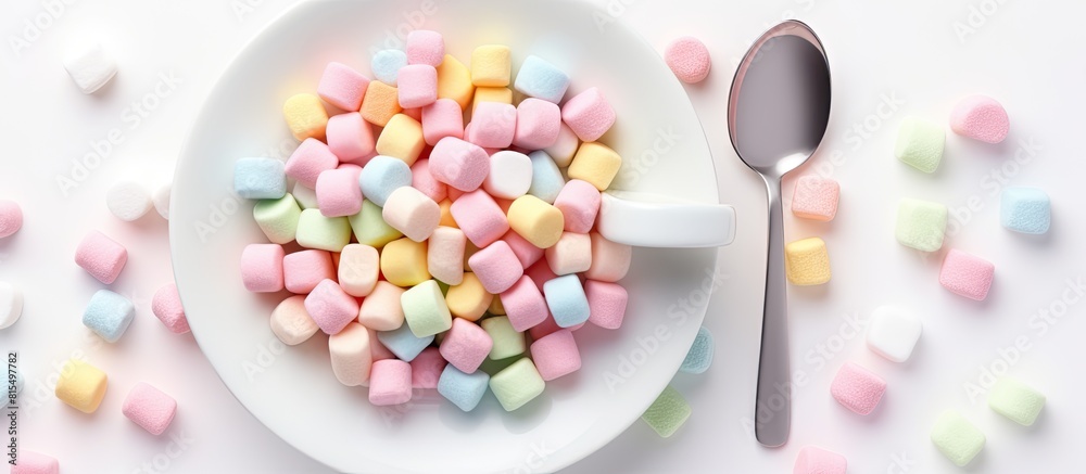 Poster A flat lay composition featuring colorful light marshmallows on a white plate with a spoon against a white background This copy space image showcases a delightful and sweet food concept from a top vi