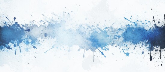 Fototapeta premium A copy space image of a grunge distressed splatter background with blue ink splashes spray paint drops and noise stains on a white paper