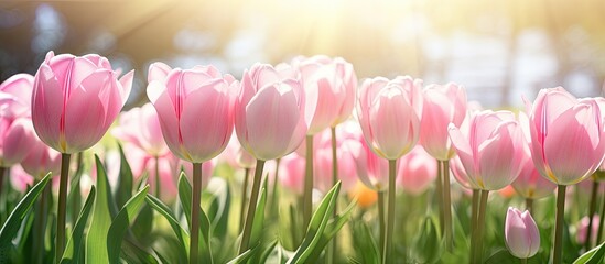 A close up image of pink tulips in a sunny garden with space for text. Creative banner. Copyspace image