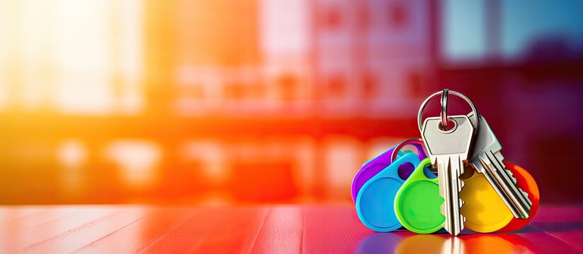 A colorful plastic keychain with a signature section on a vibrant background It features a bunch of keys a mock up keychain and ample copy space Ideal for real estate rental and sales concepts