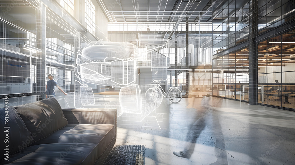 Fototapete Design project development with 3D visualization of sunny industrial open space office with sofa on concrete floor and lattice glass walls and man hand making sketch of workspaces and  : Generative AI
