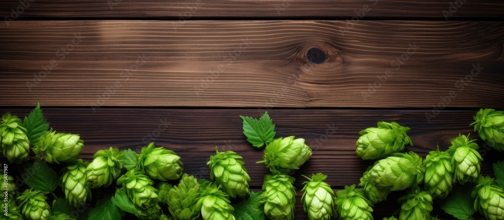 Poster top view of fresh green hops on a wooden table with ample space for adding text in the image