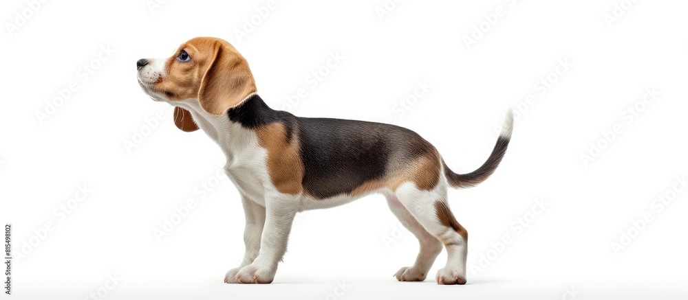 Poster The cute beagle with its white and brown fur bends its head towards the left side and stands on its hind legs It stands in front of a white background providing copy space for text and advertisements