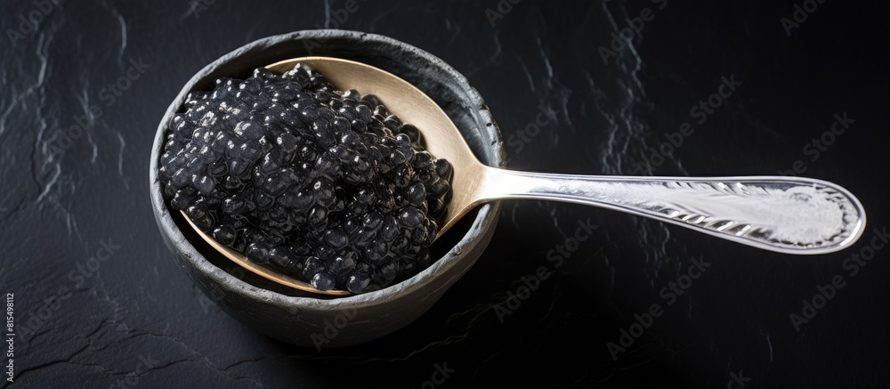 Poster Top view of a silver spoon holding black sturgeon caviar placed on a black slate stone background with enough space for adding text or other images. Creative banner. Copyspace image
