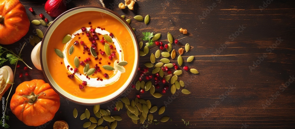 Poster a creamy flavorful soup made with roasted pumpkin carrots and topped with pumpkin seeds all in a bea