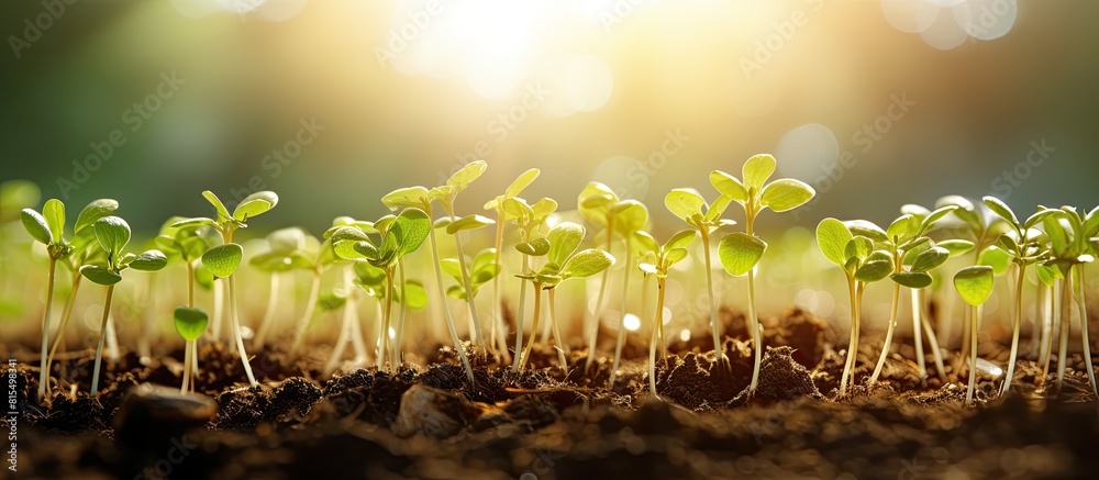 Poster agricultural copy space image featuring small cantaloupe sprouts growing in plastic containers on fe