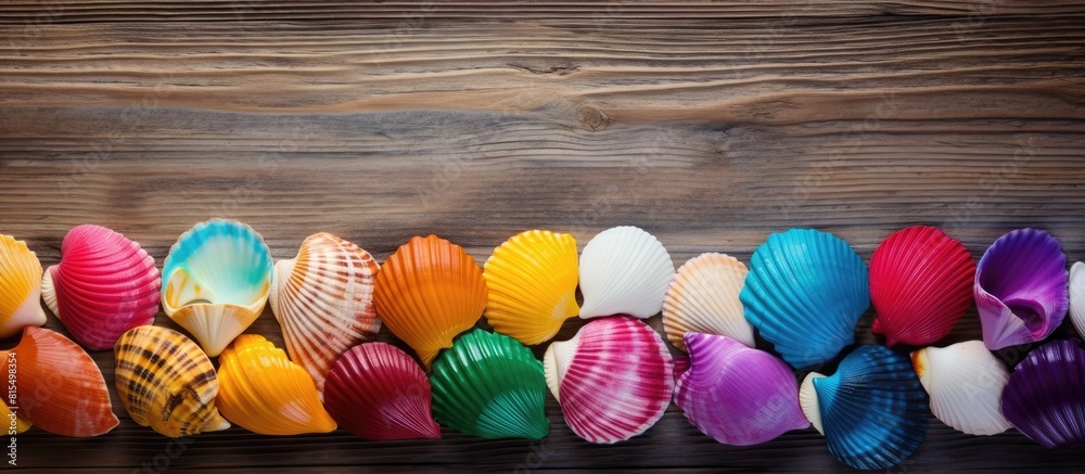 Leinwandbilder Colorful sea shells arranged on a wooden surface creating an appealing visual with copy space for images