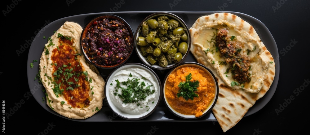 Poster a middle eastern style breakfast platter featuring labneh cream cheese foul muhammara dip and zaatar