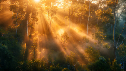 Sunlight Piercing Through Forest Trees at Dawn