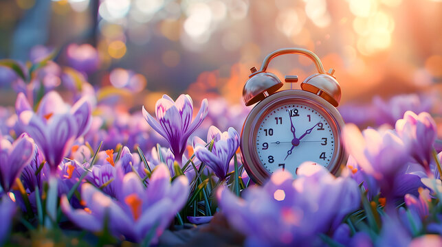 Alarm clock among blooming crocuses, spring forward concept. Spring time change, first spring flowers, daylight saving time. Daylight savings, lose an hour