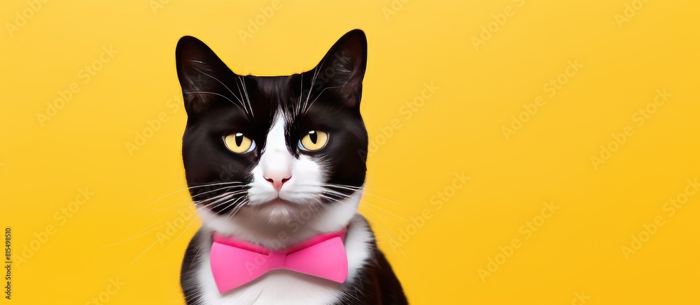 Poster Close up of a tuxedo cat on a colorful background It s an animal and pets concept with a cropped shot that has a yellow copy space image
