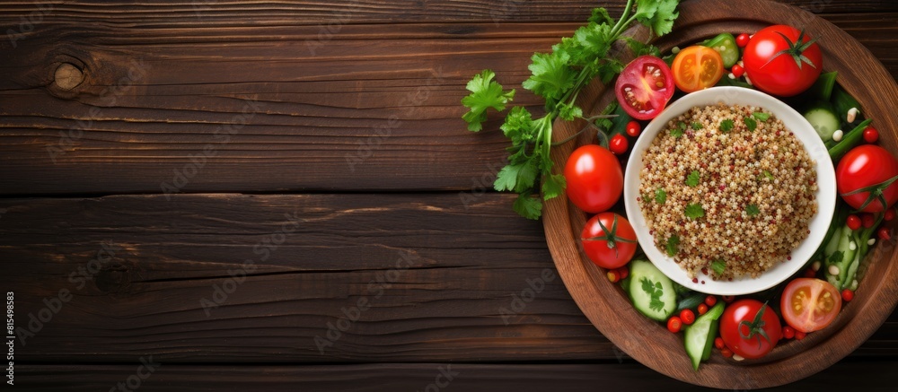 Aufkleber top view of a plate with fresh vegetables and buckwheat placed on a wooden background offering a cop