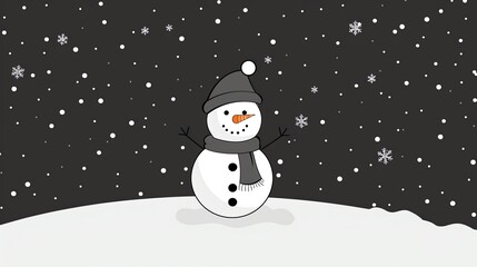 Snowman flat design, front view, Christmas theme, cartoon drawing, black and white