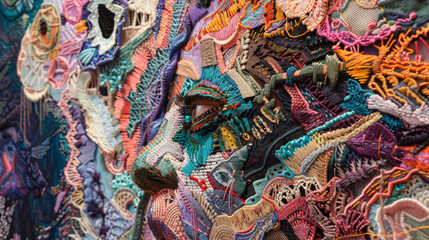 the tapestry of a future world, intricate embroidery tells the story of humanity's rise and fall, offering glimpses of human's eye staring