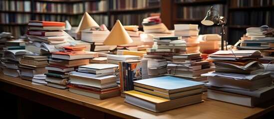 Pile of old books on a shelf in a library, education concept