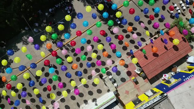 panoramic view of the beautiful town of Ahome, Sinaloa Mexico where there are thousands of umbrellas that decorate the town street