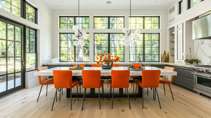 Modern farmhouse kitchen interior with light wood floors white granite marble counters large dining table with eight chairs stainless appliances orange color accents and large windows  : Generative AI