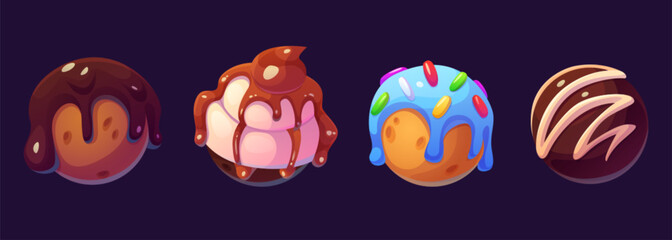 Candy planet icon for fantasy space world in game. Magic galaxy ball with chocolate cookie. Cute colorful and sweet cosmos bubble gui kids design collection. Glossy caramel and tasty orbit ui set