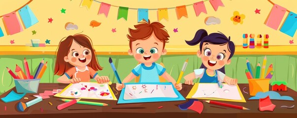Fototapeta premium Children's art class fun cartoon illustration.