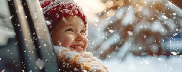 A content little girl marvels at snowflakes from inside a car wearing warm winter clothing.