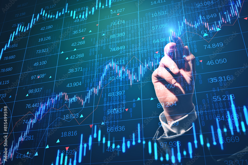 Poster close up of male hand with digital pen pointing at creative candlestick forex chart with index on da