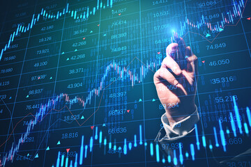 Close up of male hand with digital pen pointing at creative candlestick forex chart with index on dark background. Trade, finance and stock exchange concept. Double exposure.