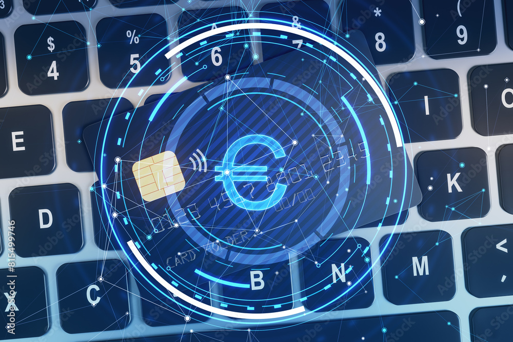 Poster close up of laptop keyboard and bank card with glowing round euro hologram with polygonal mesh and b